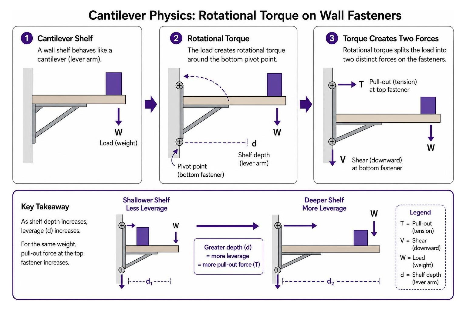 Diagram showing cantilever physics and rotational torque on wall fasteners