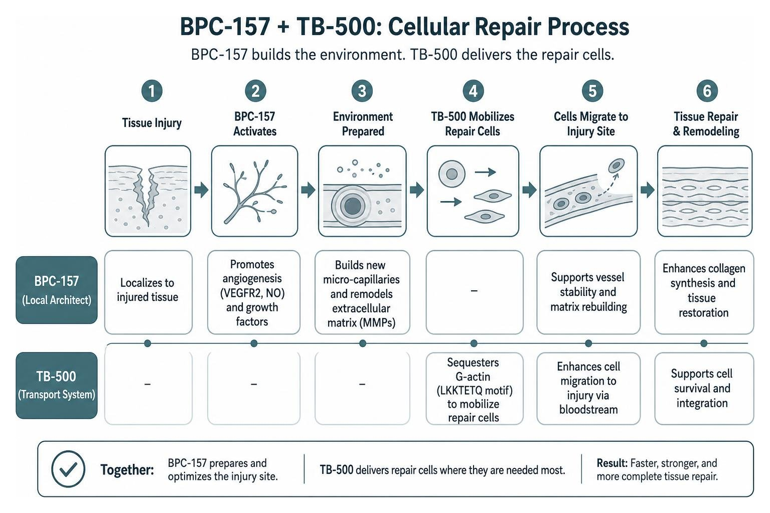 Diagram showing the cellular repair process of BPC-157 and TB-500 working in tandem
