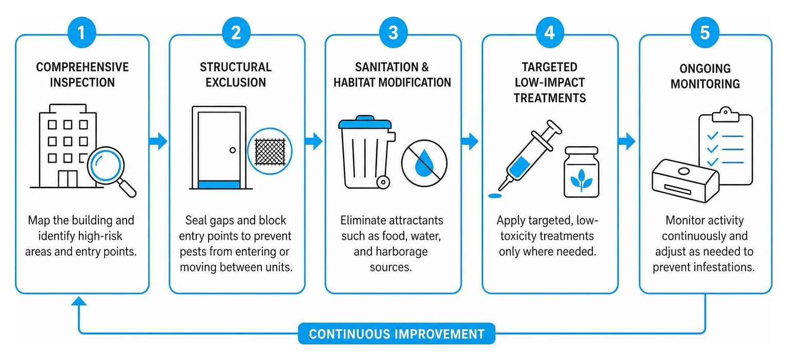 A diagram of building-wide Integrated Pest Management workflow