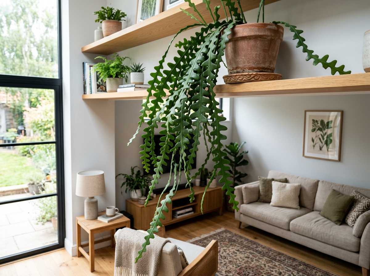 mature zig-zag cactus trailing from a high shelf - fishbone cactus hanging