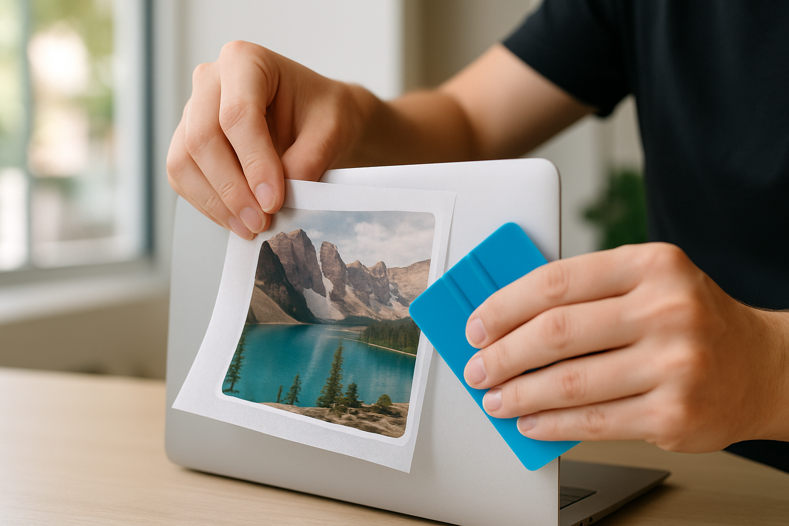 Person applying printed vinyl decal to a smooth surface - how to print a photo on vinyl