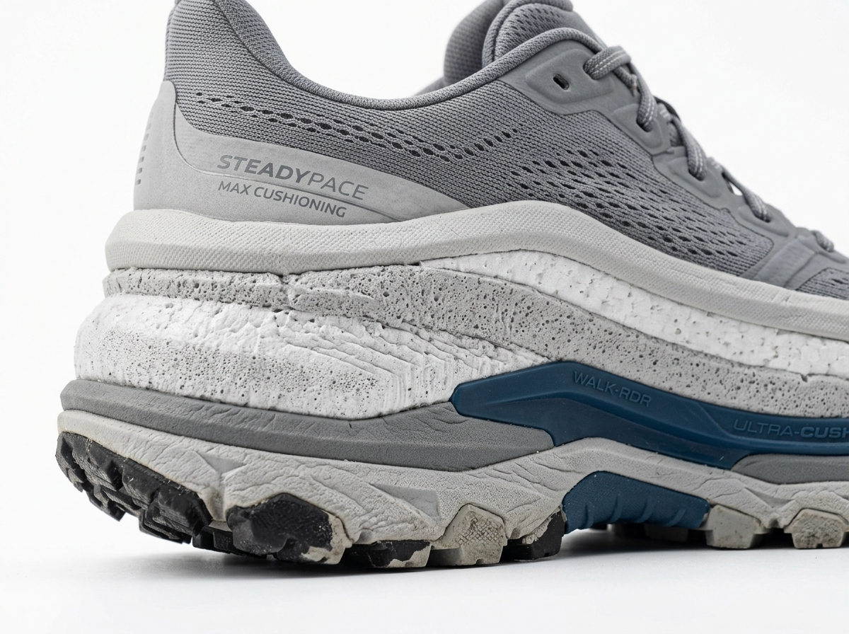 Close-up of a high-stack midsole showing the thick foam layers required for concrete walking - best walking shoes for