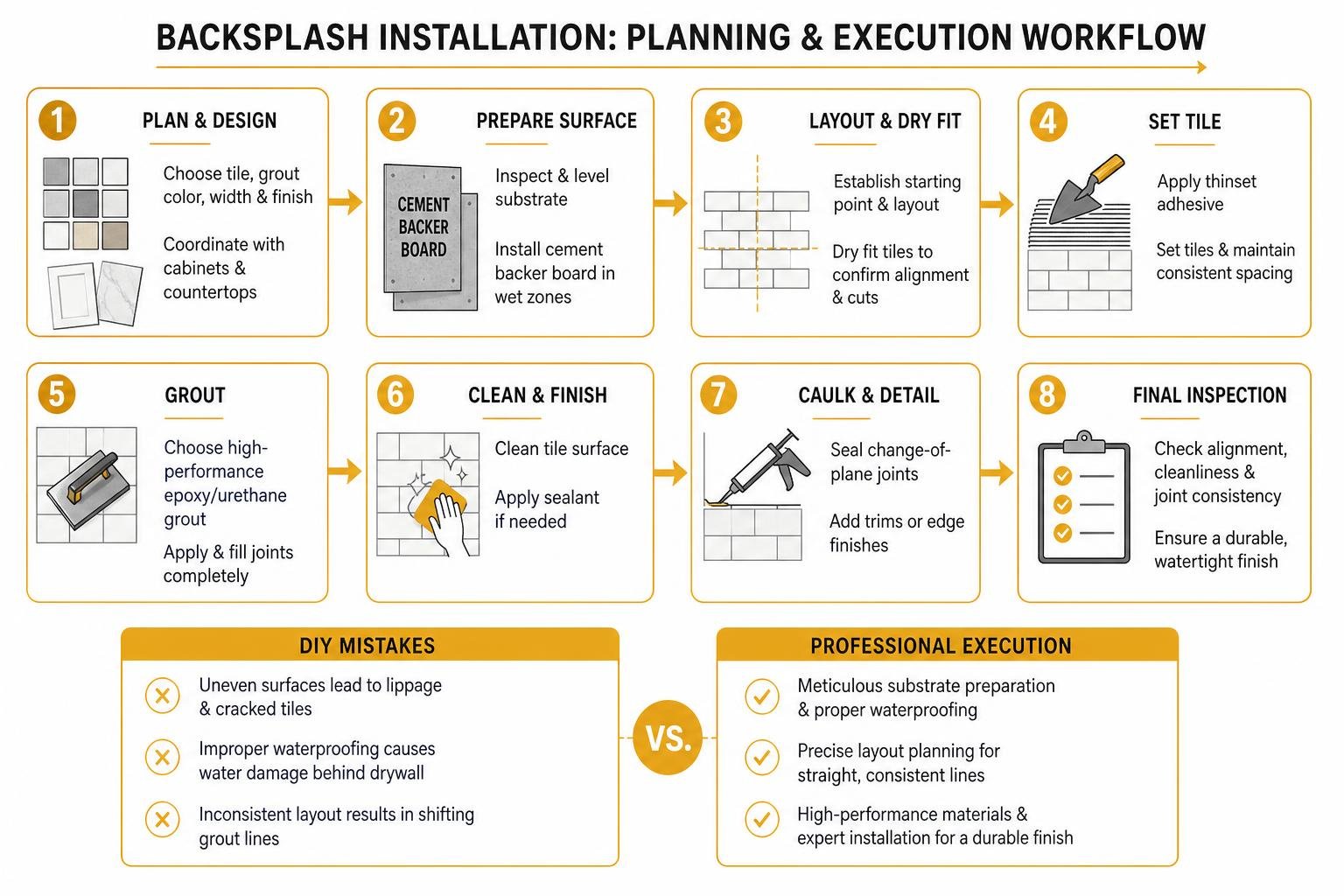 Backsplash installation planning and execution workflow