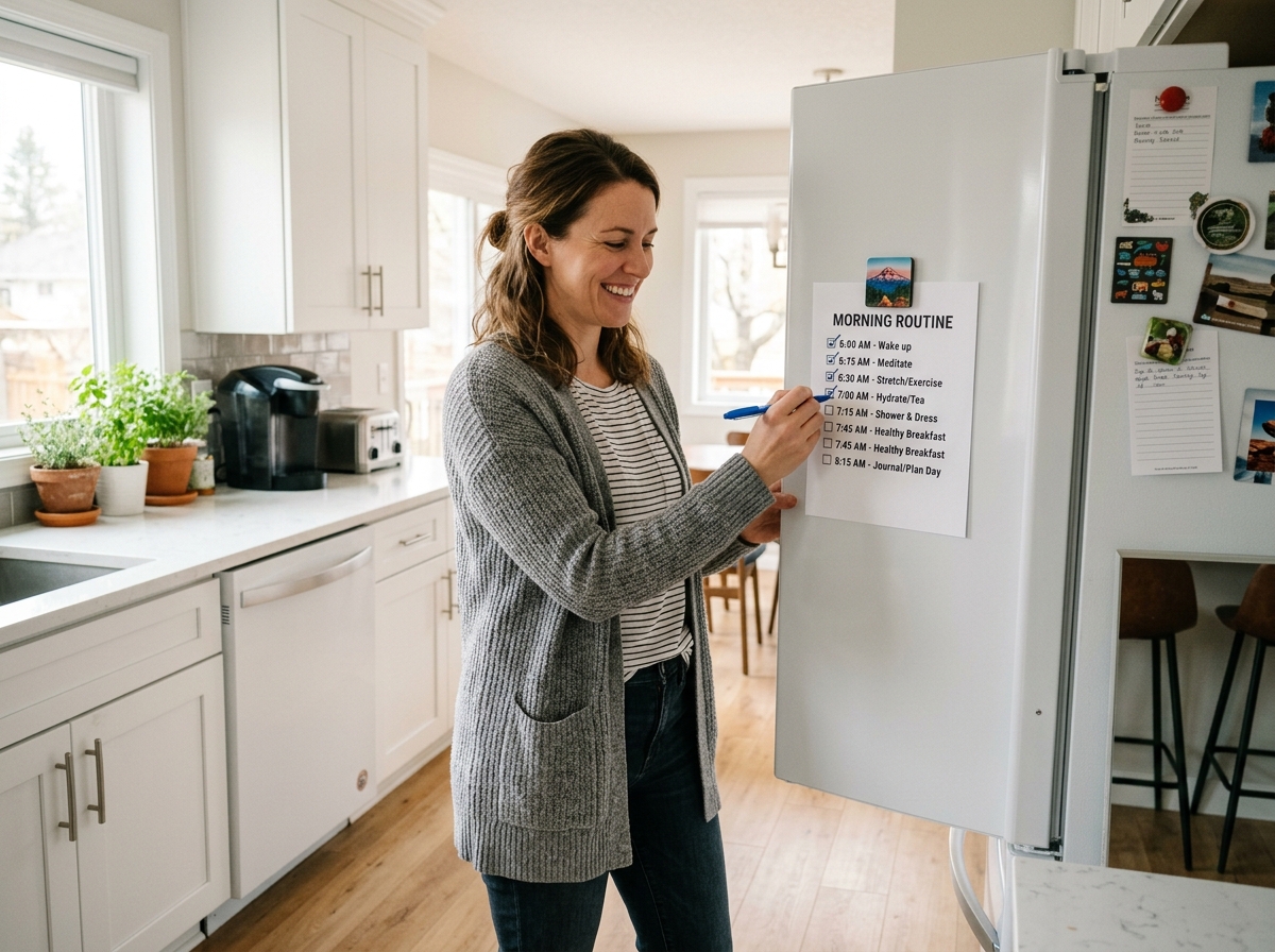 Person checking off a simple morning routine list on a fridge - streamlined adhd self care