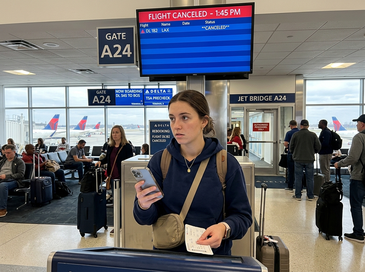 Passenger using a mobile airline app to manage a booking - flight cancellation claim process Passenger using a mobile airline app to manage a booking - flight cancellation claim process