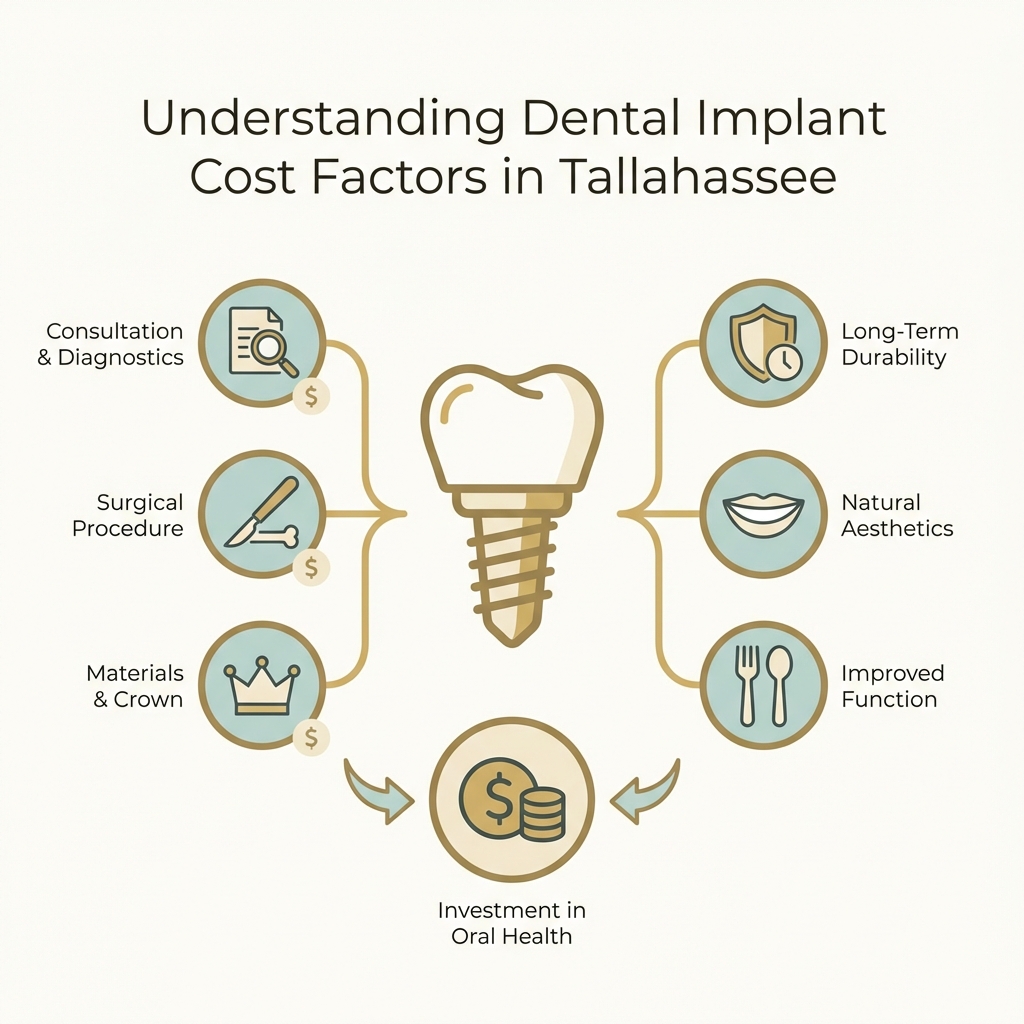 Infographic showing the three components of a dental implant system: the titanium post that anchors into the jawbone, the abutment connector that attaches to the post, and the custom crown that serves as the visible replacement tooth, with cost ranges for each component in Tallahassee - Dental implant cost Tallahassee infographic 