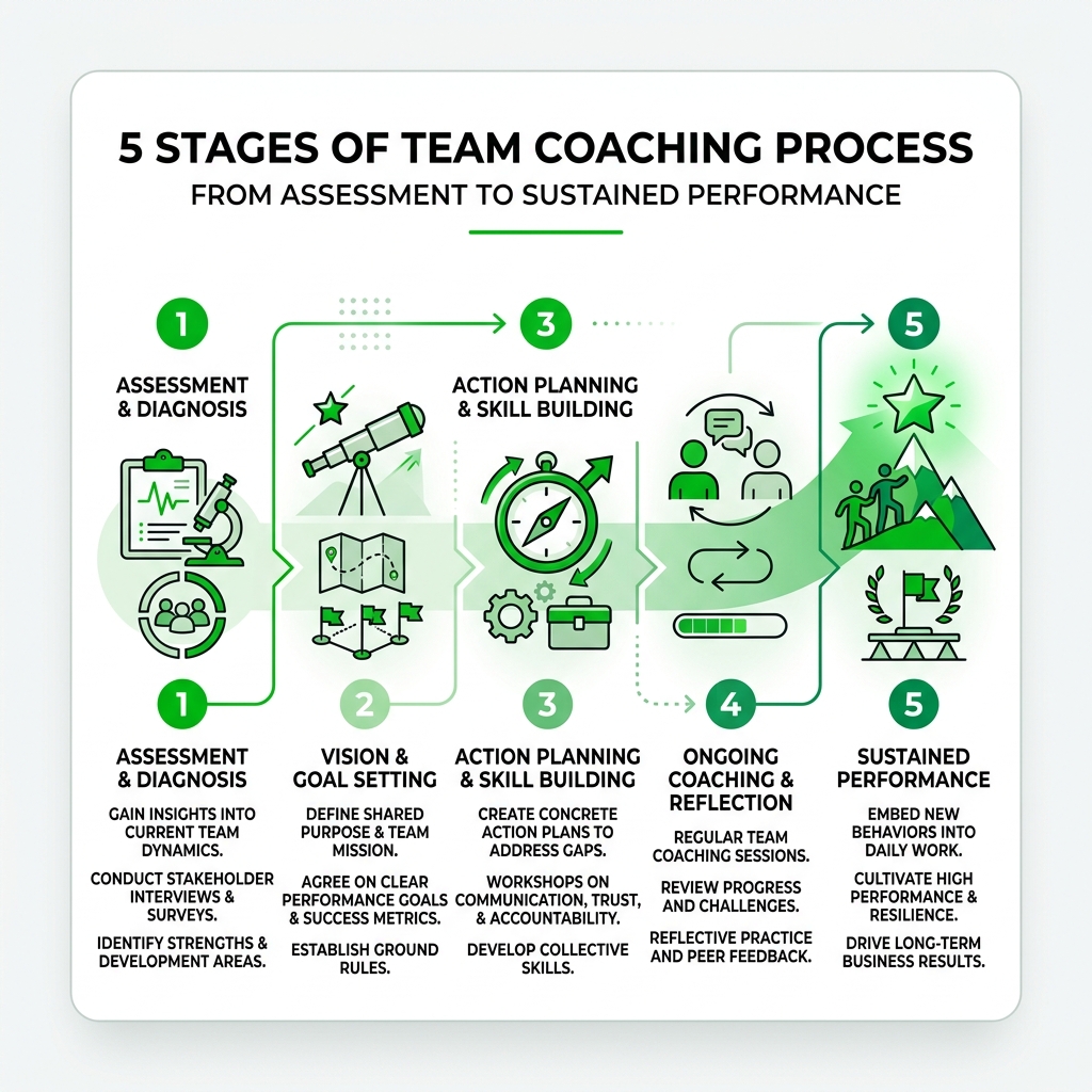 5 stages of team coaching process from assessment to sustained performance infographic - team coaching infographic 