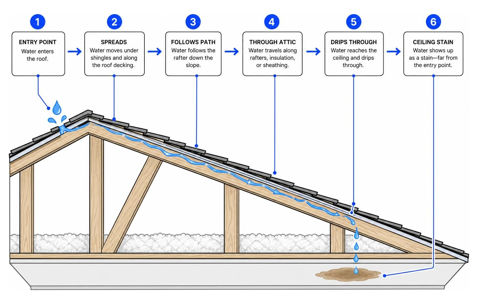 Infographic showing how water travels from roof entry point along rafters to ceiling stain location Infographic showing how water travels from roof entry point along rafters to ceiling stain location