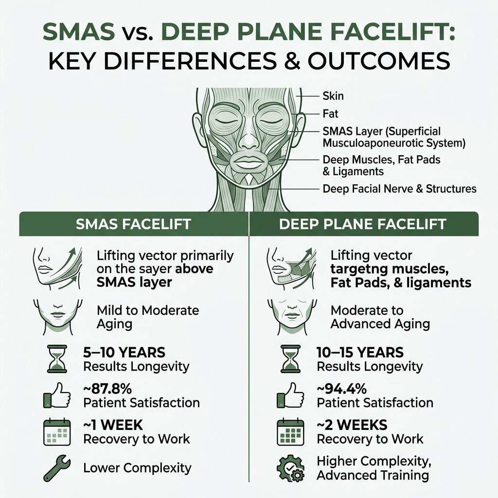 Infographic comparing SMAS vs deep plane facelift layers anatomy aging and key outcomes - deep plane vs smas facelift: what