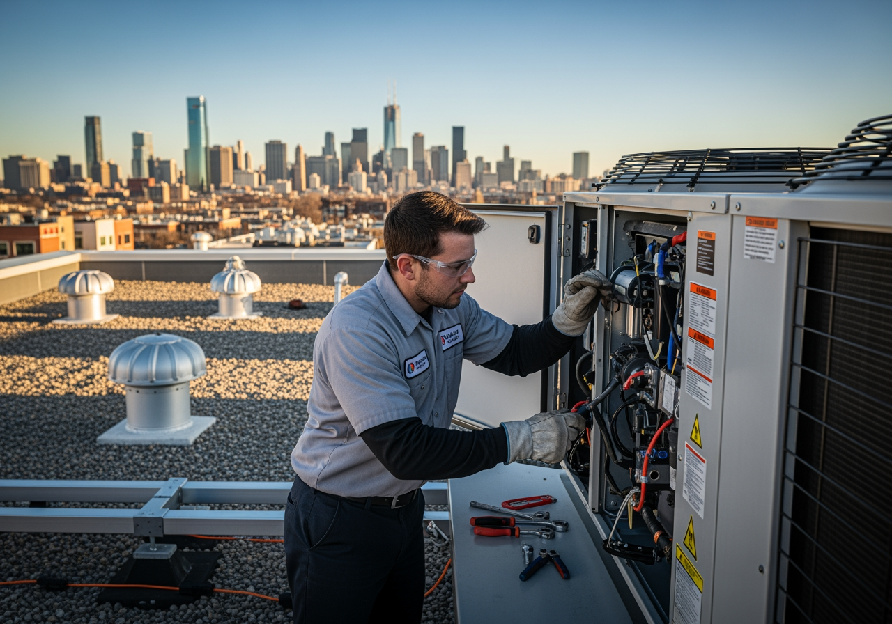 A technician cleaning the coils of a commercial AC unit - Commercial AC installation