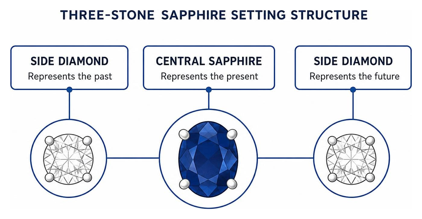 Three-stone sapphire setting structure showing central sapphire and flanking side diamonds