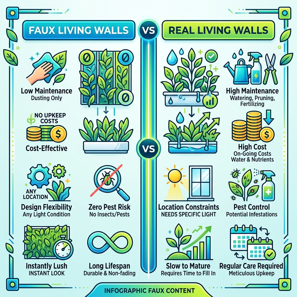 Benefits of faux vs real living walls comparison infographic - diy faux plant wall infographic Benefits of faux vs real living walls comparison infographic - diy faux plant wall infographic