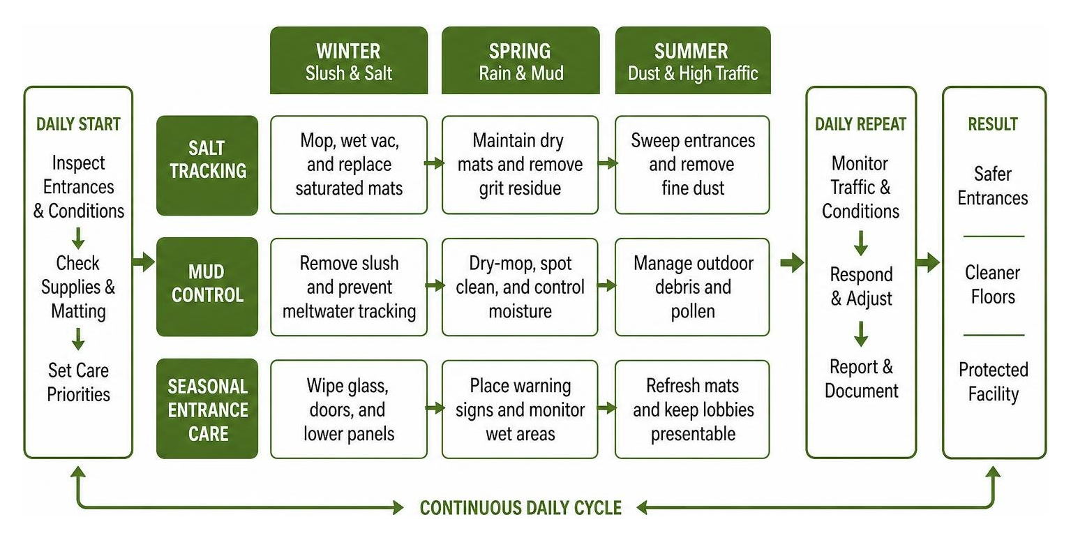 Midwest seasonal facility care workflow diagram covering salt tracking, mud, and seasonal entrance care