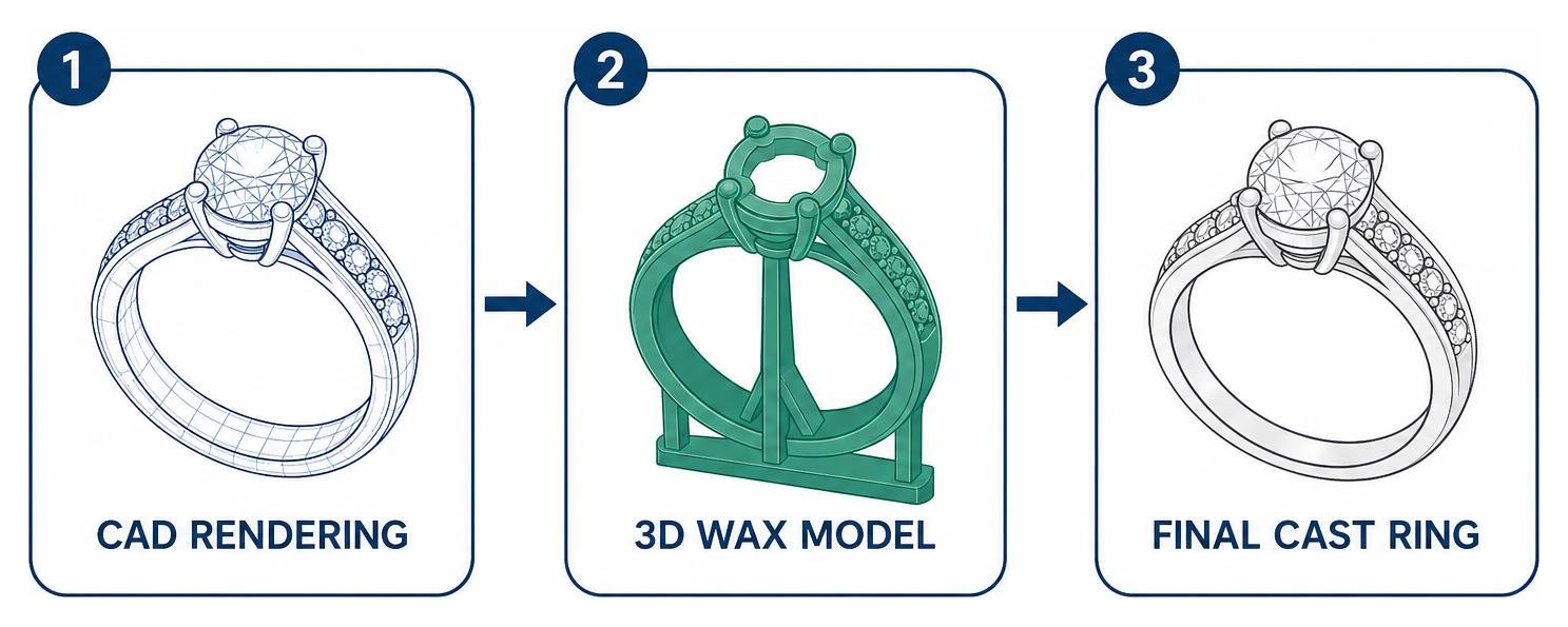 Process diagram showing CAD rendering to 3D wax model to final cast ring