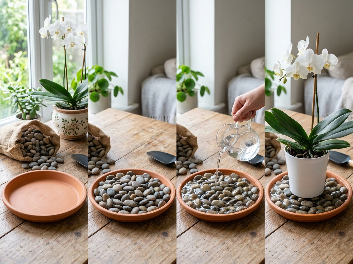 Photo showing the assembly of a DIY tray: tray, pebbles, water, and orchid pot - pebble tray for orchids Photo showing the assembly of a DIY tray: tray, pebbles, water, and orchid pot - pebble tray for orchids