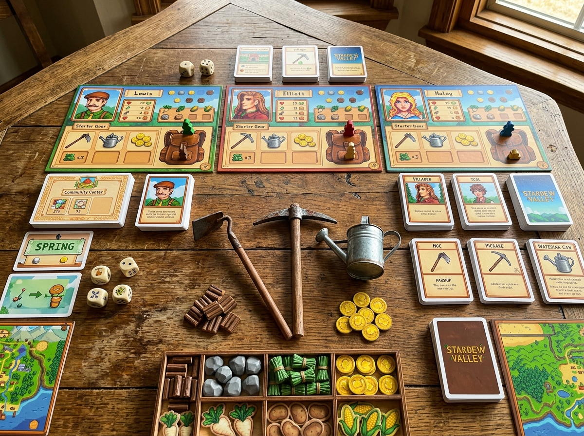 Player mats, tools, and starting components for Stardew Valley board game - stardew valley board game how to play