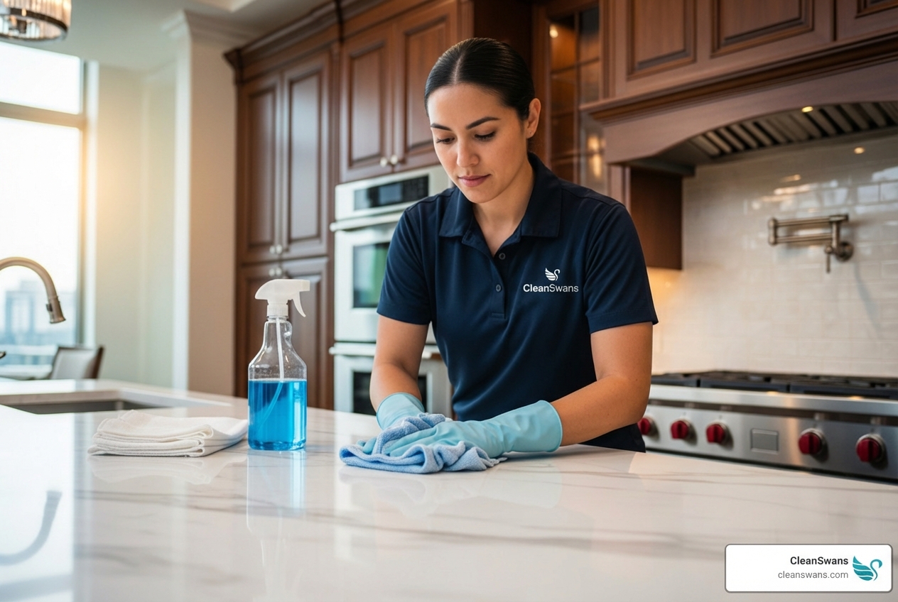 Cleaner polishing marble countertop - Luxury Property Cleaning & White-Glove Concierge Services