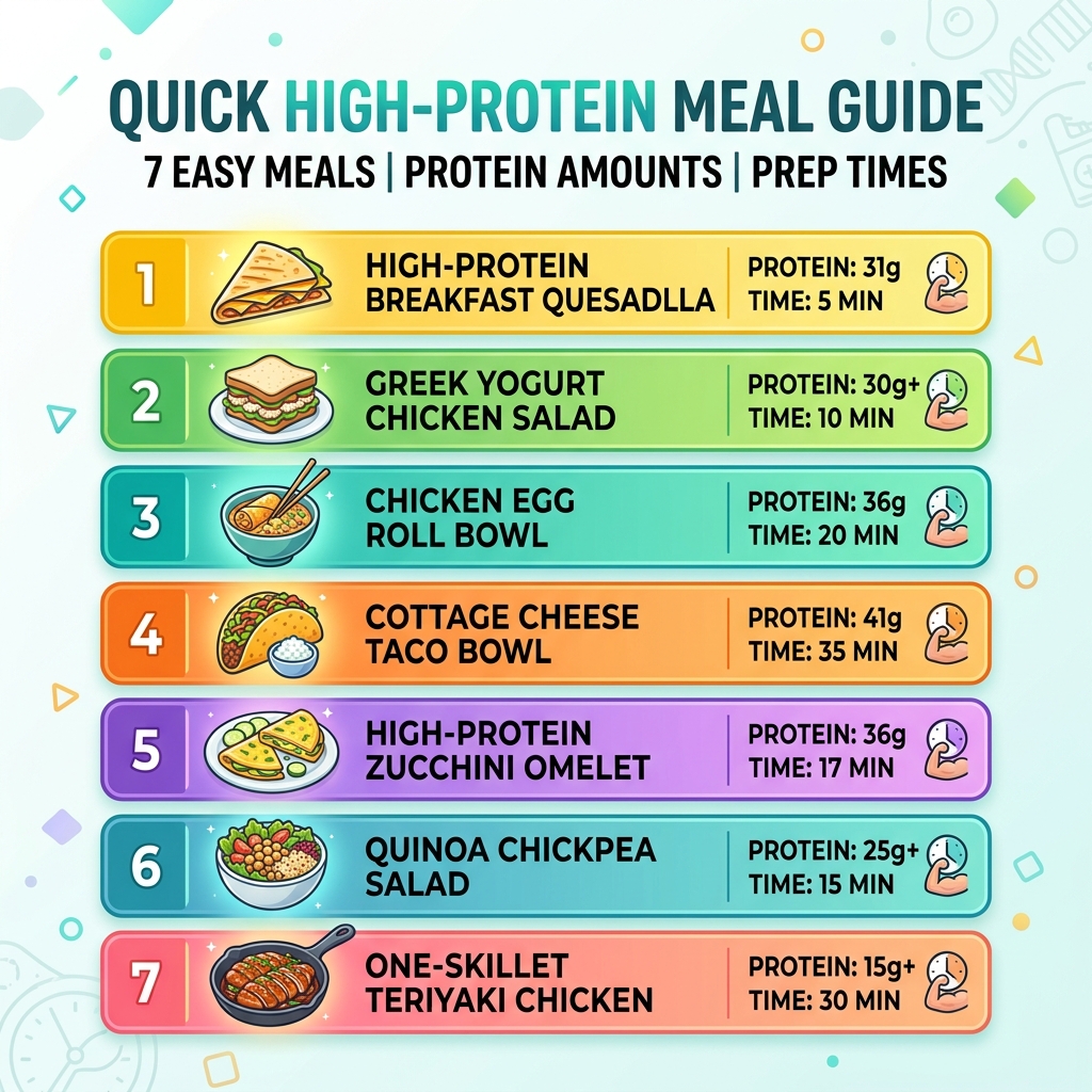 Quick high-protein meal guide showing protein amounts and prep times for 7 easy meals - easy fast high protein meals Quick high-protein meal guide showing protein amounts and prep times for 7 easy meals - easy fast high protein meals