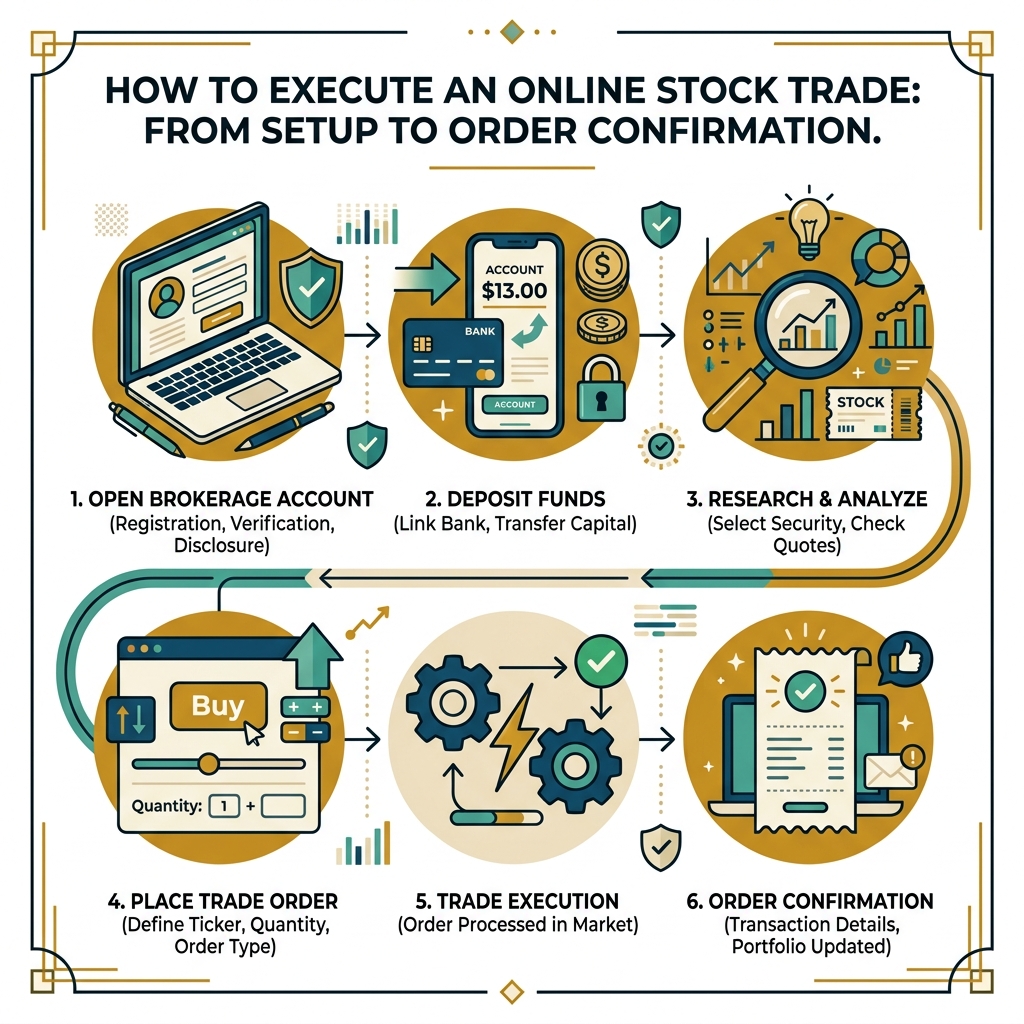 Step-by-step infographic showing how to execute an online stock trade from account setup to order confirmation - stock