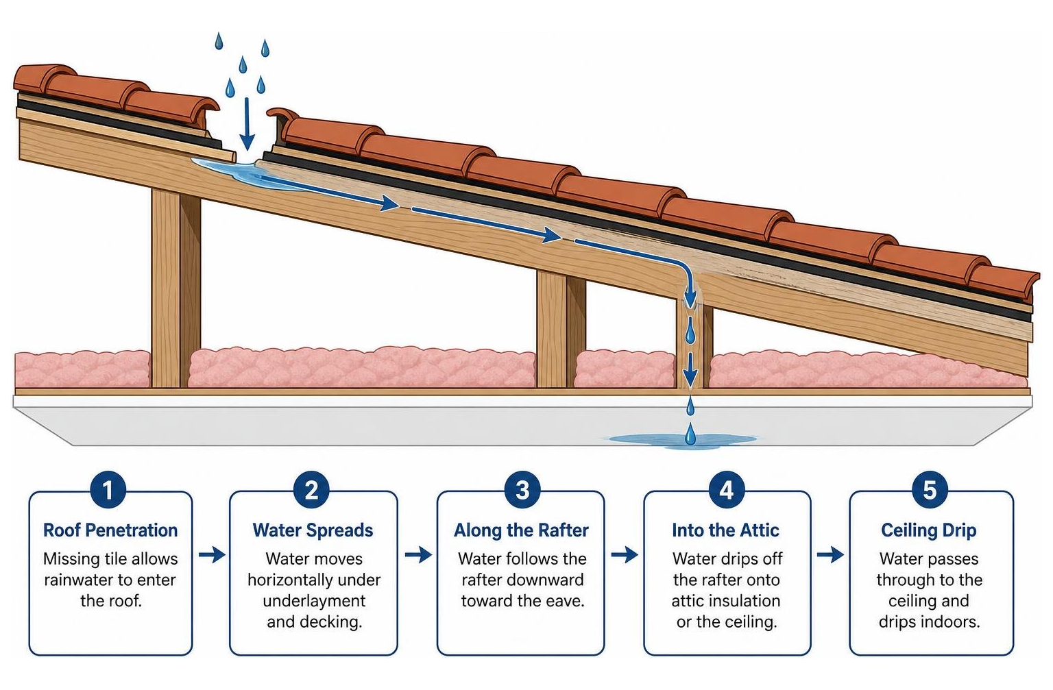 Water migration path diagram from roof penetration to attic rafter and ceiling drip Water migration path diagram from roof penetration to attic rafter and ceiling drip