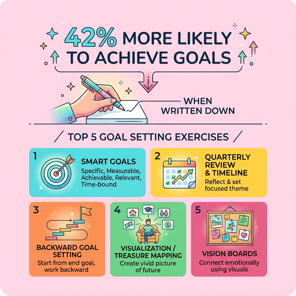 Infographic showing 42% more likely to achieve goals when written down, with top 5 goal setting exercises listed - goal