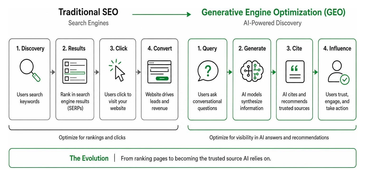Diagram showing evolution from traditional SEO to Generative Engine Optimization Diagram showing evolution from traditional SEO to Generative Engine Optimization