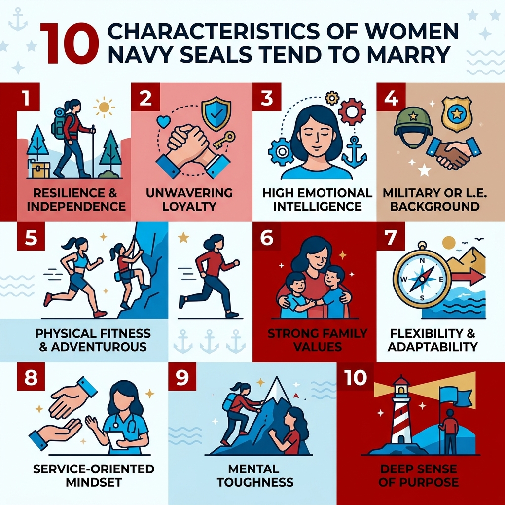 Infographic showing 10 characteristics of women Navy SEALs tend to marry - 10 Characteristics Of Women That Navy SEALs Tend