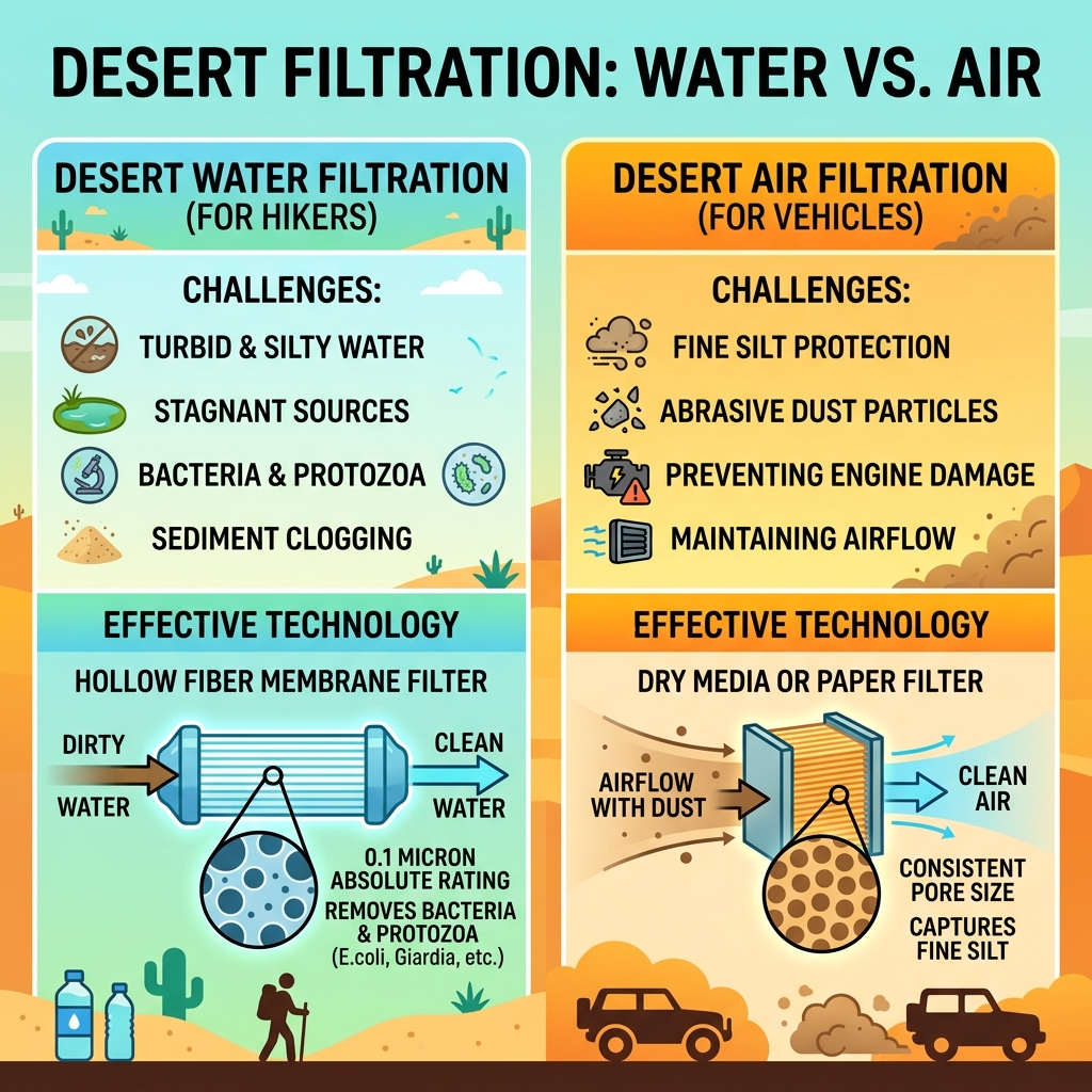 Infographic comparing desert water contaminants vs. airborne dust filtration needs and top filter options - best filter for