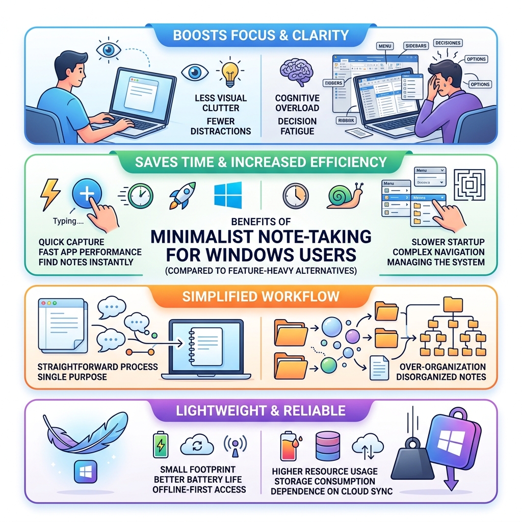 Benefits of minimalist note-taking apps for Windows users compared to feature-heavy alternatives - minimalist note taking