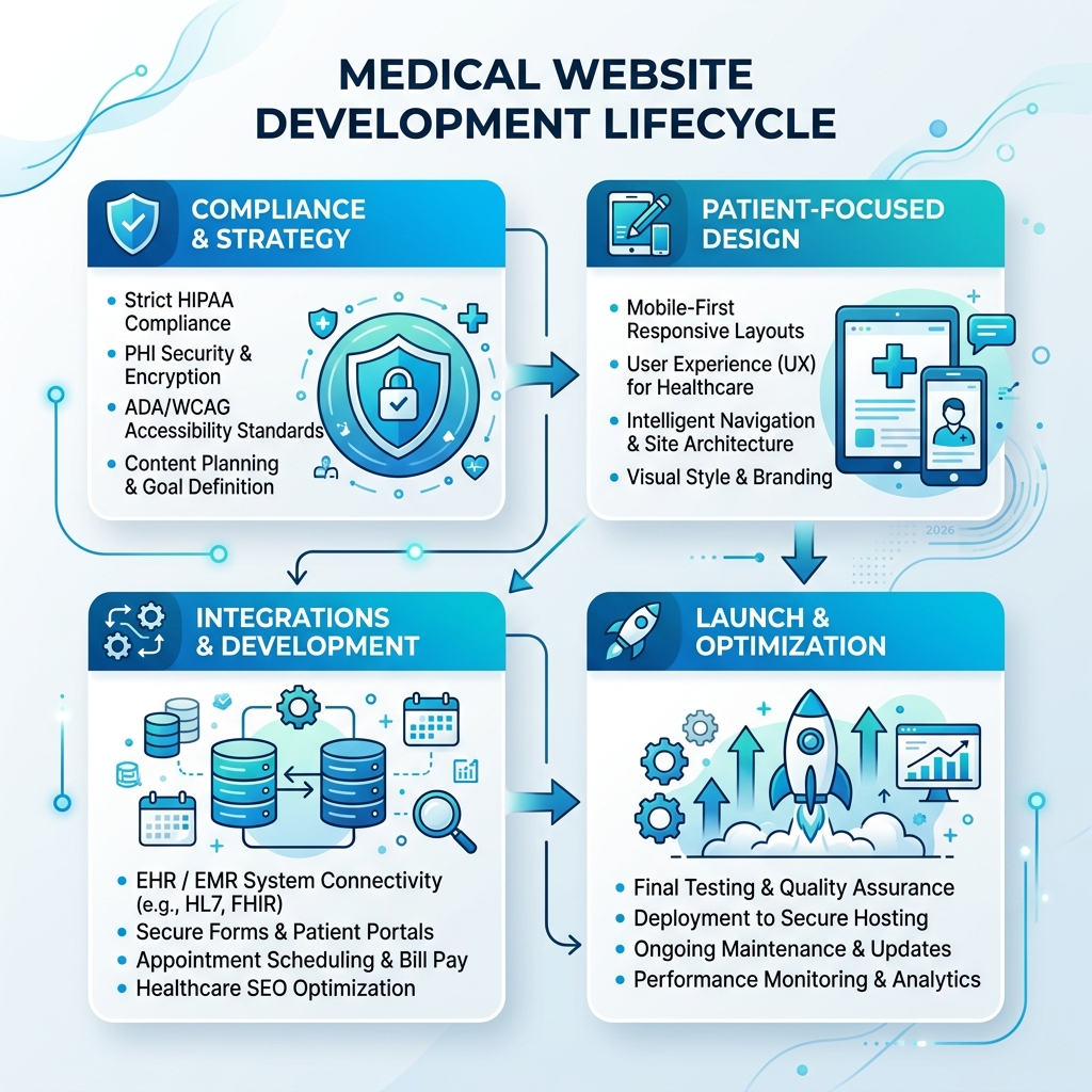 Medical website development lifecycle infographic showing compliance, design, integrations, and launch stages - medical