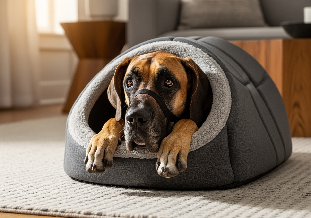 Great Dane peeking out from a hooded cave-style bed - snuggly dog bed