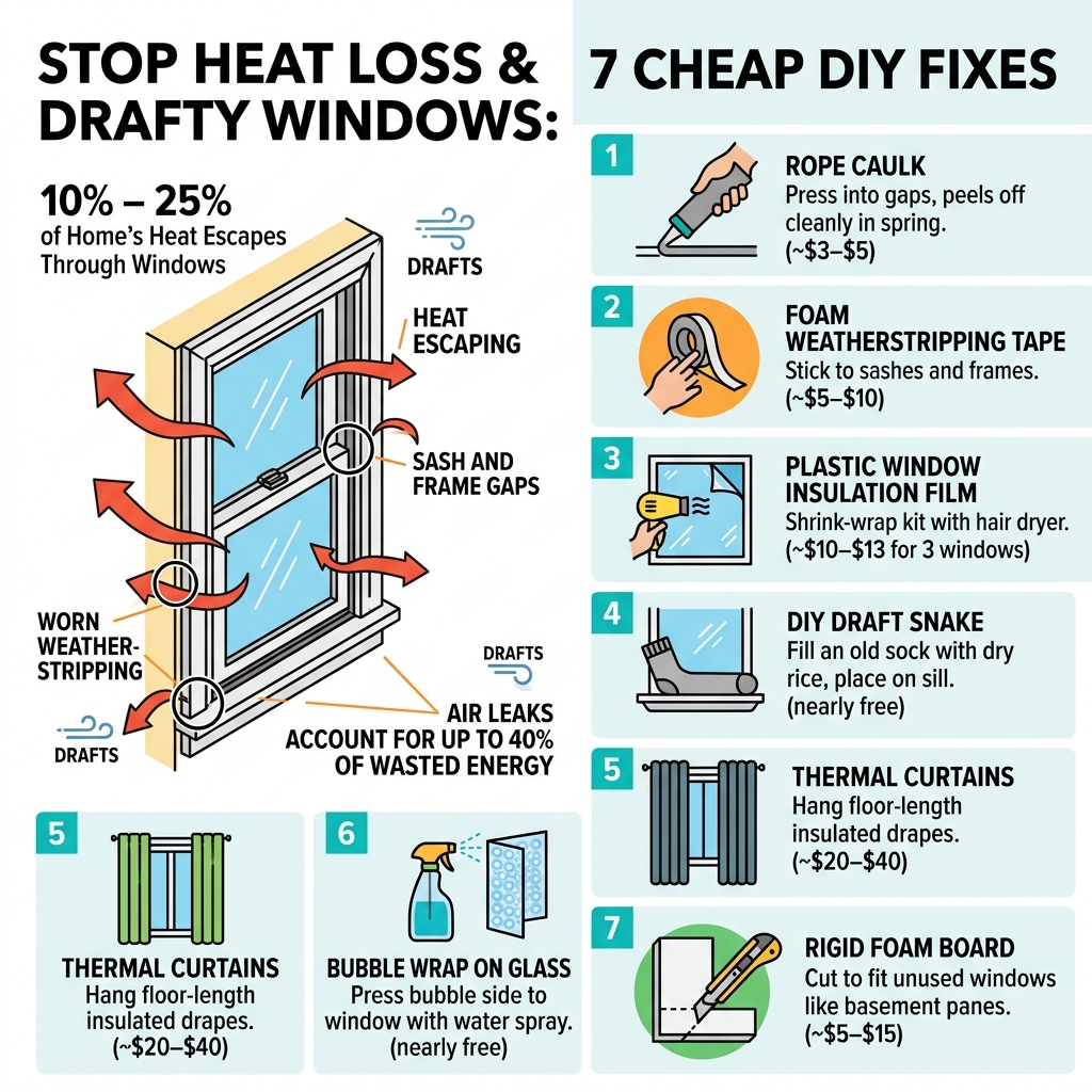 Infographic showing heat loss through windows, common air leak points, and 7 cheap DIY fixes with costs - cheap way to stop Infographic showing heat loss through windows, common air leak points, and 7 cheap DIY fixes with costs - cheap way to stop