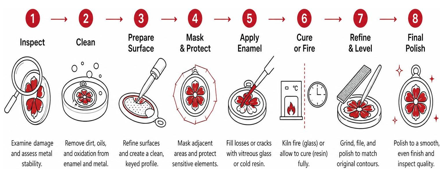 Step-by-step enamel restoration process from inspection to final polish Step-by-step enamel restoration process from inspection to final polish