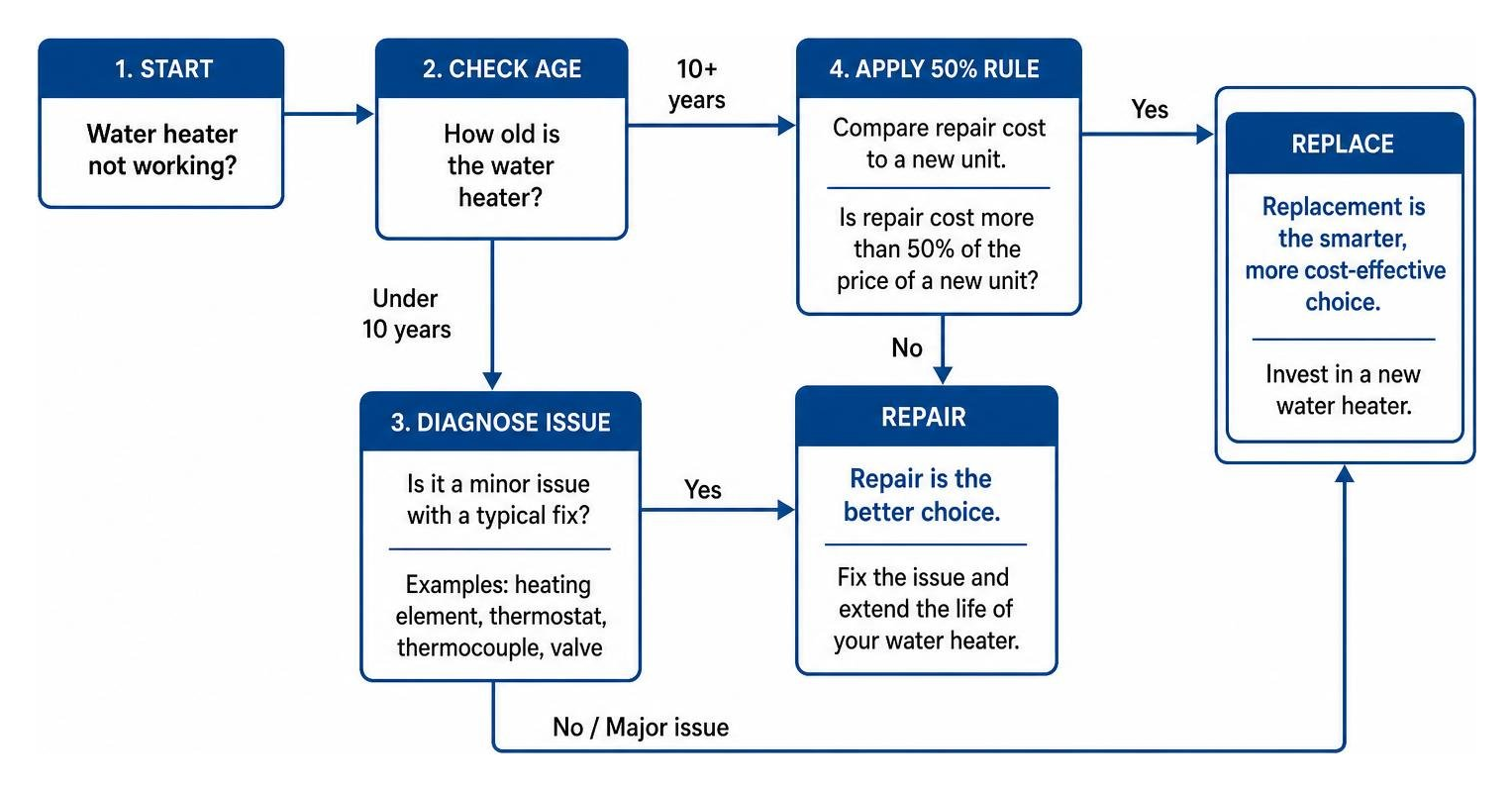 Process flow for deciding whether to repair or replace a water heater Process flow for deciding whether to repair or replace a water heater
