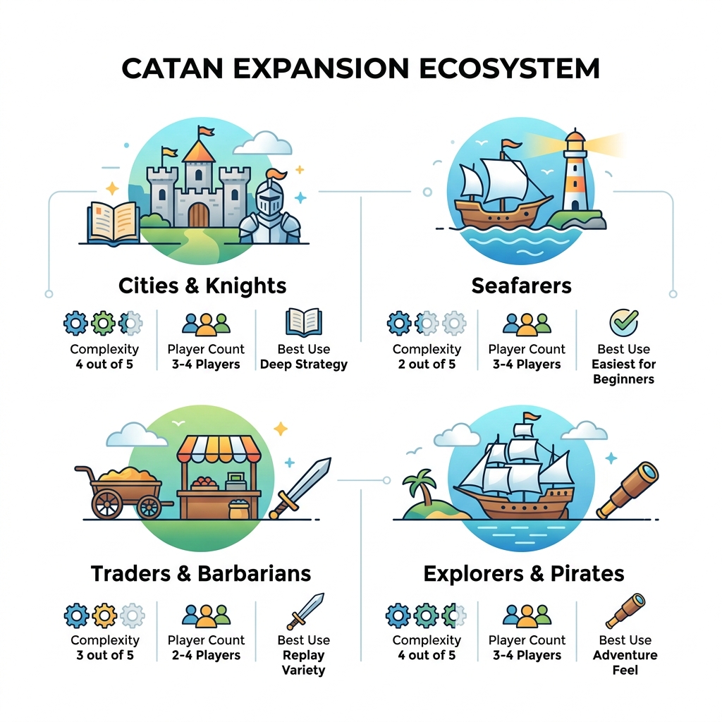 Catan expansion ecosystem infographic showing complexity, player count, and best use for each major expansion - best catan Catan expansion ecosystem infographic showing complexity, player count, and best use for each major expansion - best catan