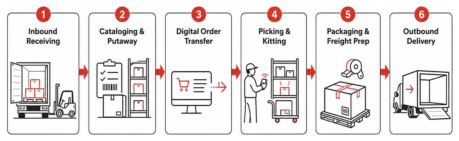 6 step operational workflow diagram from factory receiving to end delivery 6 step operational workflow diagram from factory receiving to end delivery
