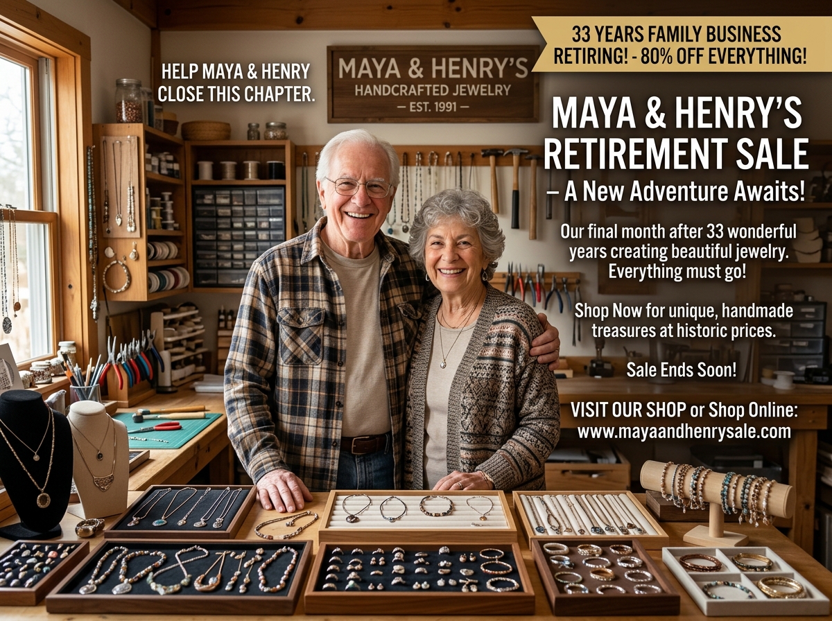 A fake retirement sale advertisement using emotional storytelling to lure victims - maya and henry jewelry scam