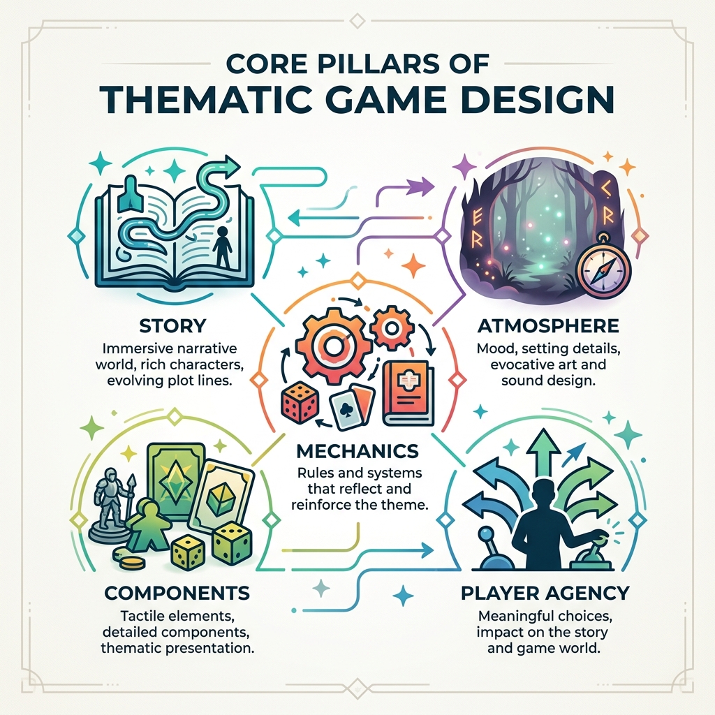 Core pillars of thematic game design: story, atmosphere, mechanics, components, and player agency - thematic games Core pillars of thematic game design: story, atmosphere, mechanics, components, and player agency - thematic games