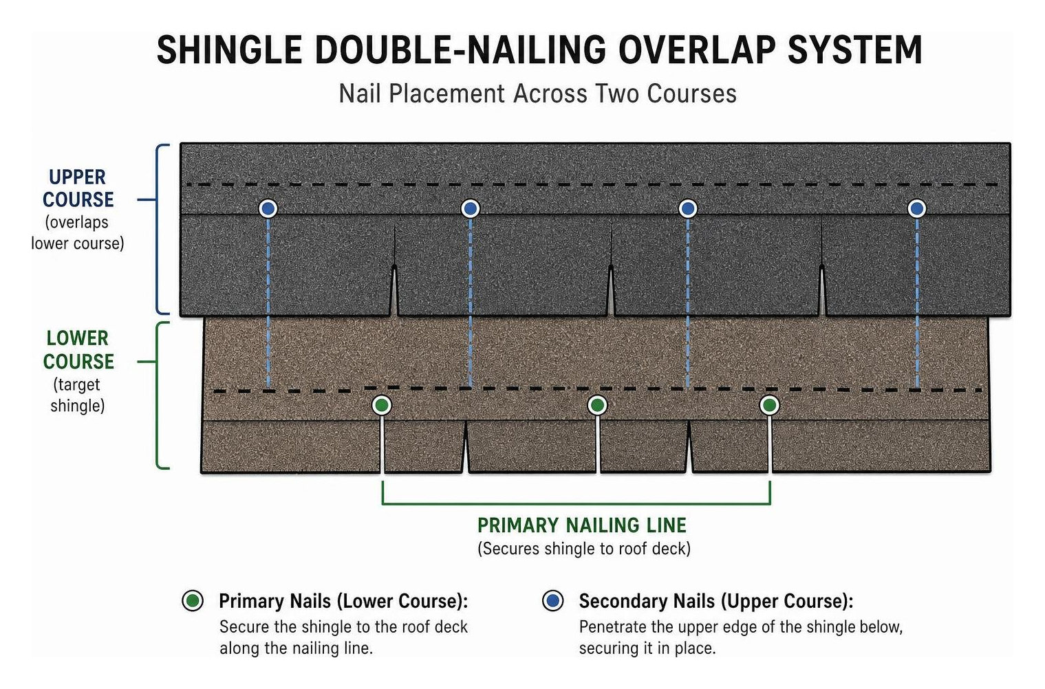 diagram of shingle double-nailing overlap system showing nail placement across two courses