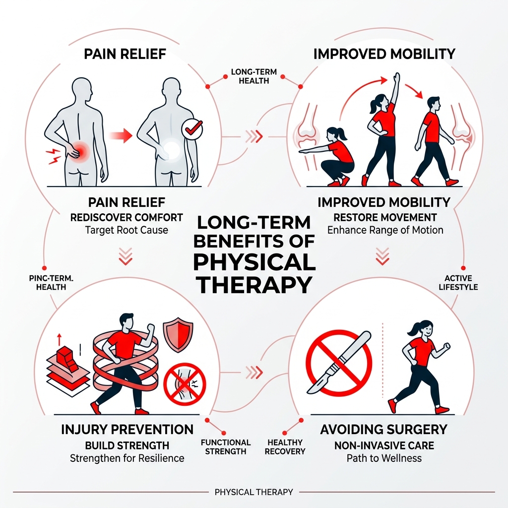 Infographic showing long-term benefits of physical therapy including pain relief, improved mobility, injury prevention, and
