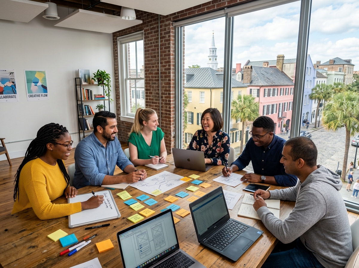 a creative team brainstorming in a downtown Charleston studio - marketing agency in charleston a creative team brainstorming in a downtown Charleston studio - marketing agency in charleston