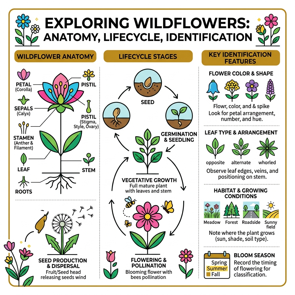 Infographic showing wildflower anatomy, lifecycle stages, and key identification features - Wildflowers  infographic 