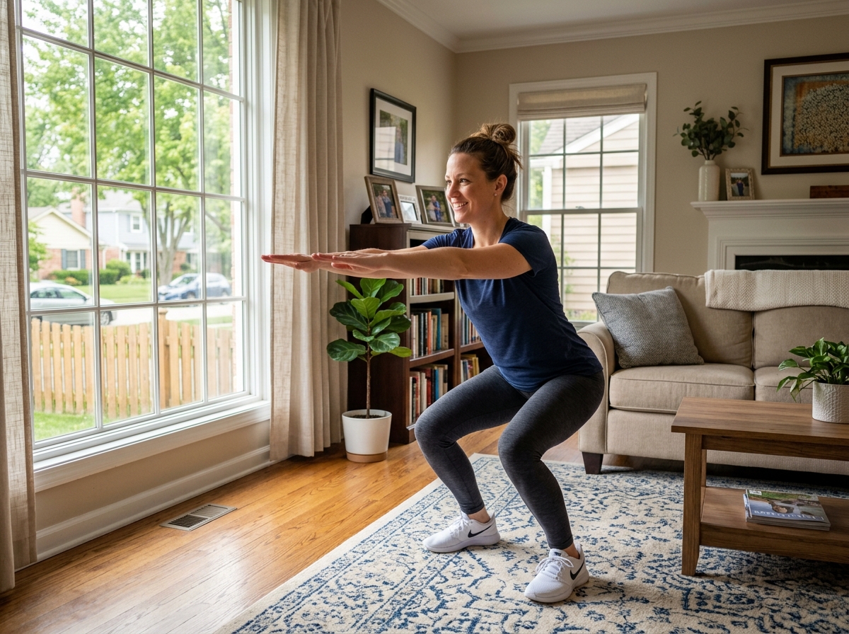 beginner performing bodyweight squats at home - starting an exercise routine at home
