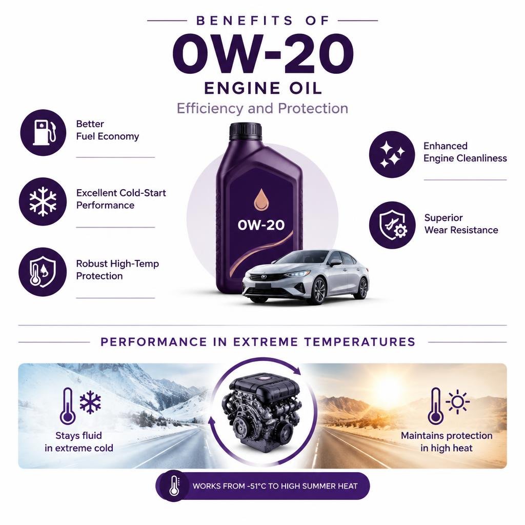 Infographic detailing benefits of 0W-20 engine oil infographic