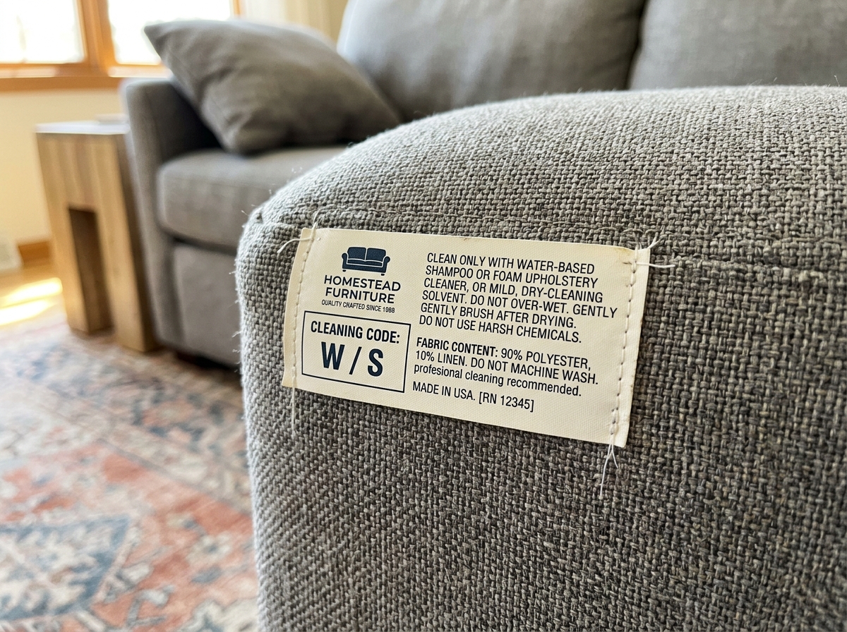 A close-up of a sofa manufacturer's cleaning code tag showing W/S - organic fabric sofa cleaner A close-up of a sofa manufacturer's cleaning code tag showing W/S - organic fabric sofa cleaner