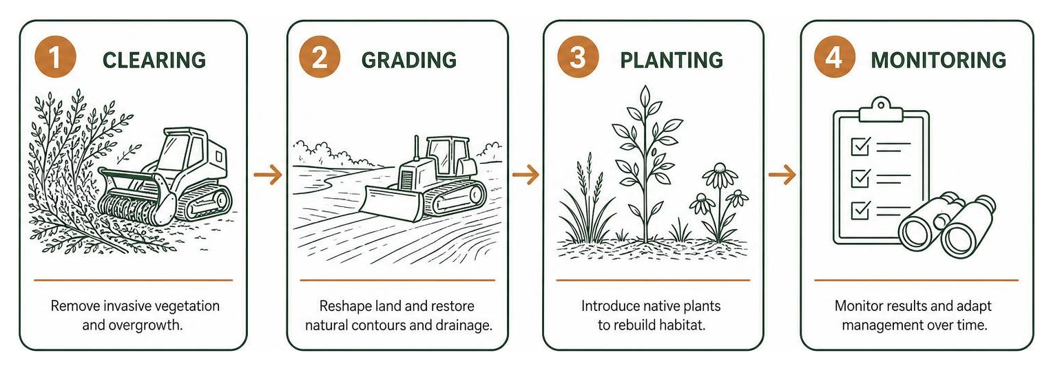 Ecosystem restoration process: clearing, grading, planting, and monitoring
