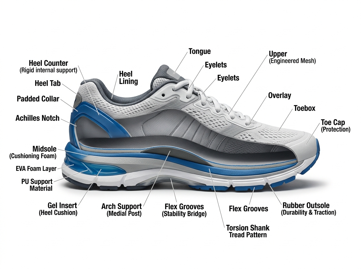 anatomy of a supportive shoe showing midsole and heel counter - best shoes back pain