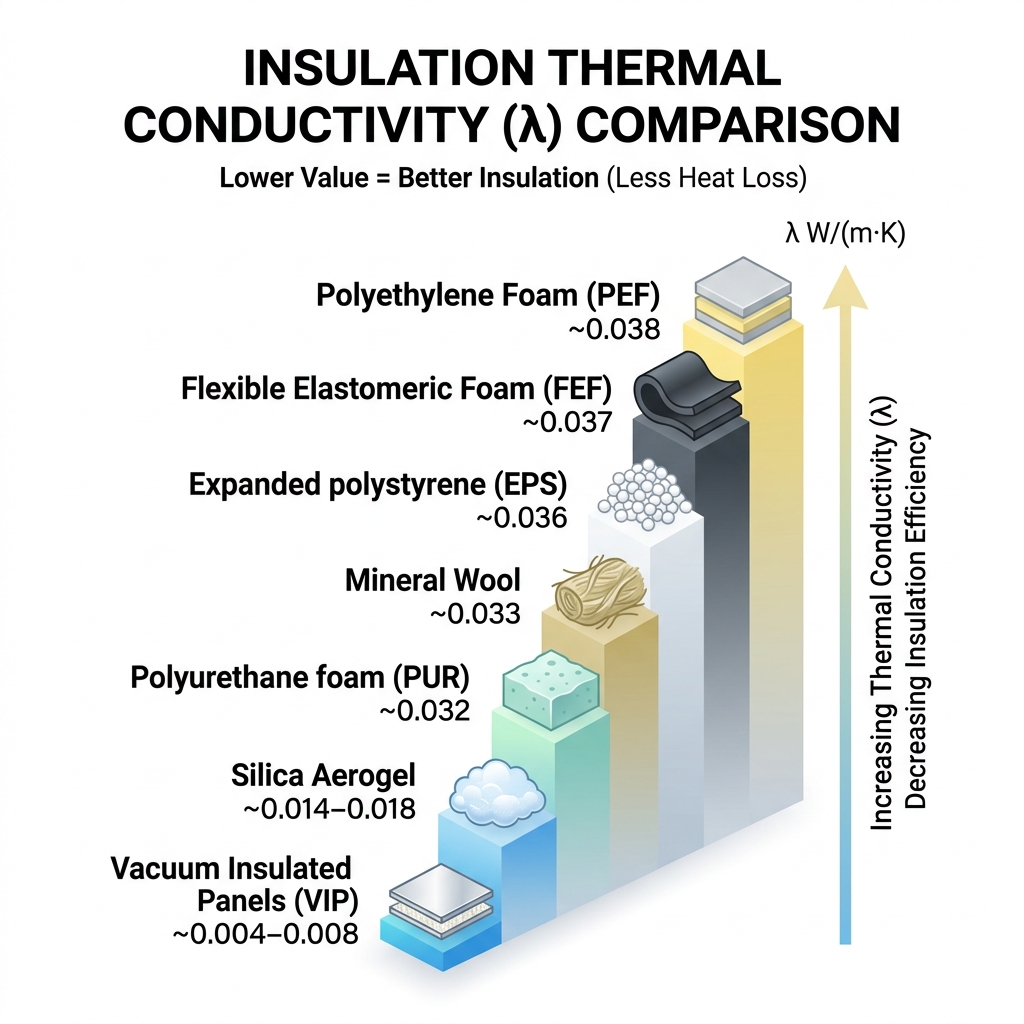 Comparison infographic of insulation materials ranked by thermal conductivity lambda value from lowest to highest