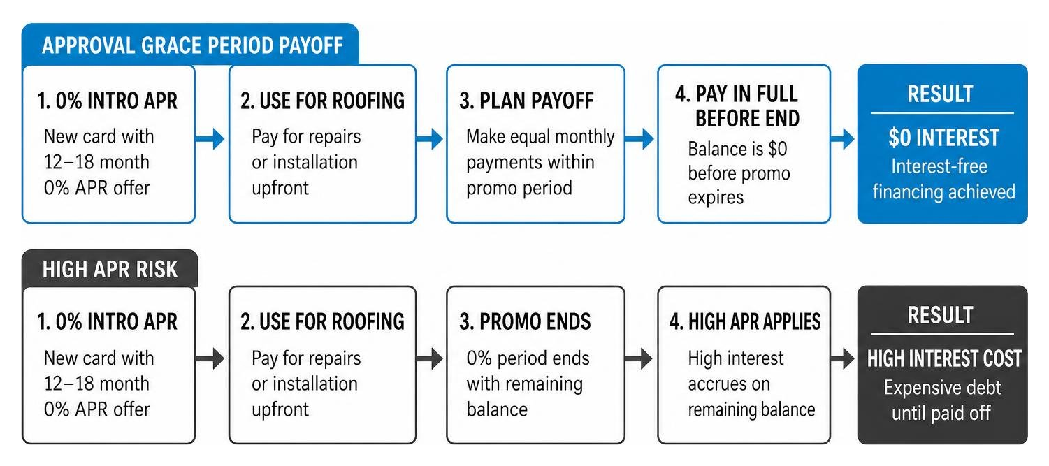 Diagram showing credit card approval grace period payoff versus high APR risk Diagram showing credit card approval grace period payoff versus high APR risk