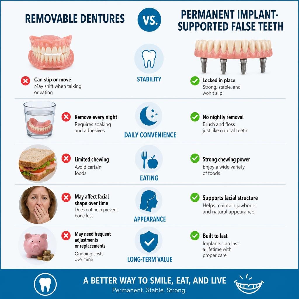 Infographic comparing removable dentures vs permanent implant-supported false teeth features and benefits infographic